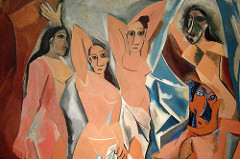 126. Les Demoiselles d'Avignon
Location:
Artist: Pablo Picasso
Date: 1907 C.E.
Culture: ...
Period/Style: Later Europe/Americas
Medium/Material: Oil on canvas
Theme(s): sensuality, nudity
Form: Each figure is depicted in a disconcerting confrontational manner and none are conventionally feminine
Function: ...
Content: five nude female prostitutes from a brothel on Carrer d'Avinyó (Avinyó Street) in Barcelona
Context: At the time of its first exhibition in 1916, the painting was deemed immoral
Cross Cultural Connection(s): 126. Les Demoiselles d'Avignon
Location:
Artist: Pablo Picasso
Date: 1907 C.E.
Culture: ...
Period/Style: Later Europe/Americas
Medium/Material: Oil on canvas
Theme(s): sensuality, nudity
Form: Each figure is depicted in a disconcerting confrontational manner and none are conventionally feminine
Function: ...
Content: five nude female prostitutes from a brothel on Carrer d'Avinyó (Avinyó Street) in Barcelona
Context: At the time of its first exhibition in 1916, the painting was deemed immoral
Cross Cultural Connection(s):