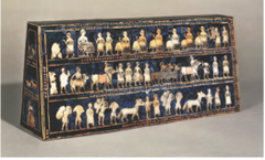 16. Standard of Ur
Location: Royal Tombs at Ur (modern-day Tell el-Muqayyar, Iraq
Artist: N/A
Date: 2,600-2,400 B.C.E
Culture: Sumerian
Period/Style: Ancient Near East
Medium/Material: Wood inlaid with shells, lapis lazuli, and red limestone
Theme(s): war, peace, migration
Form: A trapezoidal prism that uses color, lines, and shape to show and describe times of peace conflict.
Function: likely to have been the sound box for a musical instrument.
Content: The war side shows representations of a Sumerian army. Chariots, each pulled by four donkeys, trample enemies; infantry with cloaks carry spears; enemy soldiers are killed with axes, others are paraded naked and presented to the king who holds a spear. The peace panel shows animals, fish and other goods brought in procession to a banquet.
Context: found in one of the largest graves in the Royal Cemetery at Ur, lying in the corner of a chamber above a soldier who is believed to have carried it on a long pole as a standard, the royal emblem of a king. 16. Standard of Ur
Location: Royal Tombs at Ur (modern-day Tell el-Muqayyar, Iraq
Artist: N/A
Date: 2,600-2,400 B.C.E
Culture: Sumerian
Period/Style: Ancient Near East
Medium/Material: Wood inlaid with shells, lapis lazuli, and red limestone
Theme(s): war, peace, migration
Form: A trapezoidal prism that uses color, lines, and shape to show and describe times of peace conflict.
Function: likely to have been the sound box for a musical instrument.
Content: The war side shows representations of a Sumerian army. Chariots, each pulled by four donkeys, trample enemies; infantry with cloaks carry spears; enemy soldiers are killed with axes, others are paraded naked and presented to the king who holds a spear. The peace panel shows animals, fish and other goods brought in procession to a banquet.
Context: found in one of the largest graves in the Royal Cemetery at Ur, lying in the corner of a chamber above a soldier who is believed to have carried it on a long pole as a standard, the royal emblem of a king.