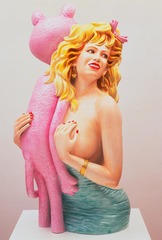 230. Pink Panther
Location: ...
Artist: Jeff Koons
Date: 1988 C.E.
Culture: ...
Period/Style: Later Europe/America
Medium/Material: Glazed porcelain
Theme(s): ...
Form: ...
Function: depicts a smiling, bare-breasted, blond woman scantily clad in a mint-green dress, head tilted back and to the left as if addressing a crowd of onlookers
Content: Jayne Mansfield, with one hand covering a breast bared by a garment that has slipped down—a predicament for which Mansfield was notorious. The stuffed Pink Panther she clutches with her other hand is cheekily extending his tail toward the waistband of her skirt
Context: part of Koons's Banality series, a group of twenty sculptures that draws on both popular culture and mass-market knickknacks
Cross Cultural Connection(s): 230. Pink Panther
Location: ...
Artist: Jeff Koons
Date: 1988 C.E.
Culture: ...
Period/Style: Later Europe/America
Medium/Material: Glazed porcelain
Theme(s): ...
Form: ...
Function: depicts a smiling, bare-breasted, blond woman scantily clad in a mint-green dress, head tilted back and to the left as if addressing a crowd of onlookers
Content: Jayne Mansfield, with one hand covering a breast bared by a garment that has slipped down—a predicament for which Mansfield was notorious. The stuffed Pink Panther she clutches with her other hand is cheekily extending his tail toward the waistband of her skirt
Context: part of Koons's Banality series, a group of twenty sculptures that draws on both popular culture and mass-market knickknacks
Cross Cultural Connection(s):