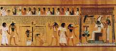 24. Last judgment of Hu-Nefer, from his tomb (page from the Book of the Dead)
Location: New Kingdom, 19th Dynasty
Artist: N/A
Date: c. 1275 B.C.E
Culture: Egyptian
Period/Style: Ancient Egyptian
Medium/Material: Painted papyrus scroll
Theme(s): judgment, ethics
Form: Colors, line, and shape illustrate the narrative. Scale/hierarchy of scale is demonstrated.
Function: to depict Hu-Nefer's last judgment
Content: 3 24. Last judgment of Hu-Nefer, from his tomb (page from the Book of the Dead)
Location: New Kingdom, 19th Dynasty
Artist: N/A
Date: c. 1275 B.C.E
Culture: Egyptian
Period/Style: Ancient Egyptian
Medium/Material: Painted papyrus scroll
Theme(s): judgment, ethics
Form: Colors, line, and shape illustrate the narrative. Scale/hierarchy of scale is demonstrated.
Function: to depict Hu-Nefer's last judgment
Content: 3