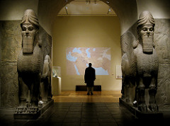 25. Lamassu from the citadel of Sargon II
Location: Dur Sharrukin (modern-day Khorsabad, Iraq)
Artist: N/A
Date: c. 720-705 B.C.E.
Culture: Neo-Assyrian
Period/Style: Ancient Near East
Medium/Material: Alabaster
Theme(s): guardian, dominance
Form: Form and color to show the size and features of each Lamassu.
Function: Protect and support important doorways in Assyrian palaces
Content: Detailed heads and long beards. from the side, 4 legs; from the front, 2 legs. Winged and bull/horse hoofs.
Context: Used as a form of intimidating protection of palaces in Assyria 25. Lamassu from the citadel of Sargon II
Location: Dur Sharrukin (modern-day Khorsabad, Iraq)
Artist: N/A
Date: c. 720-705 B.C.E.
Culture: Neo-Assyrian
Period/Style: Ancient Near East
Medium/Material: Alabaster
Theme(s): guardian, dominance
Form: Form and color to show the size and features of each Lamassu.
Function: Protect and support important doorways in Assyrian palaces
Content: Detailed heads and long beards. from the side, 4 legs; from the front, 2 legs. Winged and bull/horse hoofs.
Context: Used as a form of intimidating protection of palaces in Assyria