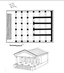 31. Temple of Minerva (plan) and sculpture of Apollo
Location: The roof of the Portonaccio temple, Veii, Italy, near Rome, Italy
Artist: Master sculptor Vulca; Patron: Etruscan king of Rome, Tarquinius Superbus
Date: c. 510-500 B.C.E.
Culture: Etruscan
Period/Style: Archaic Greece
Medium/Material: Original temple of wood, mud brick, or tufa (volcanic rock); terra cotta sculpture
Theme(s):
Form:
Function: (sculpture) Temple rooftop statue
Content: Figure is energetic and excited; movement; terra cotta, statuary, mythology
Context: The statue is part of a group of at least four other painted terracotta figures that adorned the temple roof. They depicted one of the twelve labors of Hercules. The bright paint and the style of drapery are reminiscent of Archaic korai, but the figure's vigorous motion, gesticulating arms, animated face, and overall energy and excitement are distinctly Etruscan. 31. Temple of Minerva (plan) and sculpture of Apollo
Location: The roof of the Portonaccio temple, Veii, Italy, near Rome, Italy
Artist: Master sculptor Vulca; Patron: Etruscan king of Rome, Tarquinius Superbus
Date: c. 510-500 B.C.E.
Culture: Etruscan
Period/Style: Archaic Greece
Medium/Material: Original temple of wood, mud brick, or tufa (volcanic rock); terra cotta sculpture
Theme(s):
Form:
Function: (sculpture) Temple rooftop statue
Content: Figure is energetic and excited; movement; terra cotta, statuary, mythology
Context: The statue is part of a group of at least four other painted terracotta figures that adorned the temple roof. They depicted one of the twelve labors of Hercules. The bright paint and the style of drapery are reminiscent of Archaic korai, but the figure's vigorous motion, gesticulating arms, animated face, and overall energy and excitement are distinctly Etruscan.