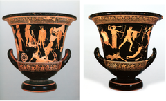 33. Niobides Krater. Anonymous vase painter of Classical Greece known as the Niobid Painter. c. 460-450 B.C.E. Clay, red-figure technique.
-one side depicts punishment of Niobe for her hubris, other side is more disputed though seems to depict Hercules (could be surrounded by gods or warriors being placed under protection)
-one of the first times not using isocephalism 
-function: utilitarian (mix water and wine)
-themes: increased organic form, figures in nature, landscape, mythology/religion
-naturalism
-context: Niobe boasted her fertility (14 children) to the god Leto, gods punished her by killing all her children 
-possibly influenced by cave paintings