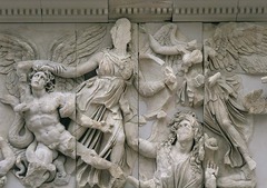 38. Great Altar of Zeus and Athena at Pergamon, Great Altar of Zeus and Athena, Athena, Great Altar of Zeus and Athena plan
Location: Asia Minor (modern Turkey)
Artist: King Eumenes III
Date: c. 175 B.C.E.
Culture:
Period/Style: Hellenistic Greek
Medium/Material: Marble
Theme(s):
Form: large, deep relief
Function: worship
Content: Shows the battle between the Olympian Gods and the Giants, and depicts the life of Telephus
Context: 38. Great Altar of Zeus and Athena at Pergamon, Great Altar of Zeus and Athena, Athena, Great Altar of Zeus and Athena plan
Location: Asia Minor (modern Turkey)
Artist: King Eumenes III
Date: c. 175 B.C.E.
Culture:
Period/Style: Hellenistic Greek
Medium/Material: Marble
Theme(s):
Form: large, deep relief
Function: worship
Content: Shows the battle between the Olympian Gods and the Giants, and depicts the life of Telephus
Context: