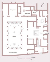39. House of the Vettii Plan, Frescoes, Atrium
Location: Pompeii, Italy
Artist: N/A
Date: c. second century; rebuilt c. 62-79
Culture: Roman
Period/Style: Imperial Roman
Medium/Material: Cut stone and fresco
Theme(s): rituals, entertainment, government
Form: Domus architecture, form, vibrantly colored interior
Function: atrium where daily rituals and power are displayed (social hierarchy)
Content: axial symmetry, atrium (large reception area), 39. House of the Vettii Plan, Frescoes, Atrium
Location: Pompeii, Italy
Artist: N/A
Date: c. second century; rebuilt c. 62-79
Culture: Roman
Period/Style: Imperial Roman
Medium/Material: Cut stone and fresco
Theme(s): rituals, entertainment, government
Form: Domus architecture, form, vibrantly colored interior
Function: atrium where daily rituals and power are displayed (social hierarchy)
Content: axial symmetry, atrium (large reception area),