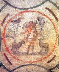 48c. Catacomb of Priscilla (Good Shepherd Fresco)
Location: Rome, Italy
Artist: ?
Date: c. 200-400 C.E.
Culture: ...
Period/Style: Late Antique Europe
Medium/Material: Excavated tufa and fresco
Theme(s): ...
Form: Retrained portrait of Christ as a Good Shepherd, a pastoral motif in ancient art going back to the Greeks.
Function: Symbolism of the Good Shepherd: rescues individual sinners in his flock who stray.
Content: Stories of the life of the Old Testament Prophet Jonah who appears in the lunettes; Jonah's regurgitation from the mouth of a big fish is seen as prefiguring Christ's resurrection.
Context: Early Christian catacombs
Significance: Parallels between Old and New Testament stories feature prominently in Early Christian art; Christians see this as a fulfillment of the Hebrew scriptures.
Cross Cultural Connection(s): Sistine Chapel Ceiling; Arena Chapel; Gaulli, Triumph of the Name of Jesus 48c. Catacomb of Priscilla (Good Shepherd Fresco)
Location: Rome, Italy
Artist: ?
Date: c. 200-400 C.E.
Culture: ...
Period/Style: Late Antique Europe
Medium/Material: Excavated tufa and fresco
Theme(s): ...
Form: Retrained portrait of Christ as a Good Shepherd, a pastoral motif in ancient art going back to the Greeks.
Function: Symbolism of the Good Shepherd: rescues individual sinners in his flock who stray.
Content: Stories of the life of the Old Testament Prophet Jonah who appears in the lunettes; Jonah's regurgitation from the mouth of a big fish is seen as prefiguring Christ's resurrection.
Context: Early Christian catacombs
Significance: Parallels between Old and New Testament stories feature prominently in Early Christian art; Christians see this as a fulfillment of the Hebrew scriptures.
Cross Cultural Connection(s): Sistine Chapel Ceiling; Arena Chapel; Gaulli, Triumph of the Name of Jesus