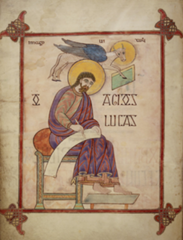 55b. Saint Luke Portrait from The Book of Lindisfarne
Location: Europe
Artist: Eadrith, bishop of Lindisfarne
Date: c. 700 C.E.
Period/Style: Early medieval (Hiberno Saxon)
Medium/Material: Illuminated manuscript (ink, pigments, and gold on vellum)
Theme(s): ...
Form: Saint Luke framed within a decorated border
Function: to depict Saint Luke in a portrait
Content: heavily bearded St. Luke gives weight to his authority as an author, but he appears as a younger man
Context: written in Latin, with annotations in English between the lines
Cross Cultural Connection(s): Golden Haggadah 55b. Saint Luke Portrait from The Book of Lindisfarne
Location: Europe
Artist: Eadrith, bishop of Lindisfarne
Date: c. 700 C.E.
Period/Style: Early medieval (Hiberno Saxon)
Medium/Material: Illuminated manuscript (ink, pigments, and gold on vellum)
Theme(s): ...
Form: Saint Luke framed within a decorated border
Function: to depict Saint Luke in a portrait
Content: heavily bearded St. Luke gives weight to his authority as an author, but he appears as a younger man
Context: written in Latin, with annotations in English between the lines
Cross Cultural Connection(s): Golden Haggadah