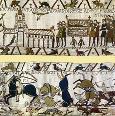59. Bayeux Tapestry (Calvary Attack & First Meal)
Location: Bayeux, France
Date: c. 1066-1080 C.E.
Period/Style: Romanesque Europe (English or Norman)
Medium/Material: Embroidery on linen
Theme(s): conquest, daily life
Form: neutral background, flat figures (no shadows), 230-feet long (continuous narrative); inscriptions are embroidered using wool yard sewn onto linen cloth; viewed as a chronicle; leads viewers' eyes from one scene to the next and divided the compositional space into three horizontal zones; not a tapestry, but embroidery on linen
Function: tells the story of William's conquest of England at the Battle of Hastings in 1066
Content: 75 scenes with over 600 people; scenes of husbandry and hunting; William's tactical use of calvry is displayed in the 59. Bayeux Tapestry (Calvary Attack & First Meal)
Location: Bayeux, France
Date: c. 1066-1080 C.E.
Period/Style: Romanesque Europe (English or Norman)
Medium/Material: Embroidery on linen
Theme(s): conquest, daily life
Form: neutral background, flat figures (no shadows), 230-feet long (continuous narrative); inscriptions are embroidered using wool yard sewn onto linen cloth; viewed as a chronicle; leads viewers' eyes from one scene to the next and divided the compositional space into three horizontal zones; not a tapestry, but embroidery on linen
Function: tells the story of William's conquest of England at the Battle of Hastings in 1066
Content: 75 scenes with over 600 people; scenes of husbandry and hunting; William's tactical use of calvry is displayed in the