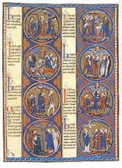 61b. Dedication Page: Scenes from the Apocalypse from Bibles moralisées
Location: Cathedral, Toledo
Date: c. 1225-1245 C.E.
Period/Style: Gothic Europe
Medium/Material: Illuminated manuscript (ink, tempera, and gold leaf on vellum)
Theme(s): Beliefs
Form: eight medallions; format derives from stained glass windows
Function: ...
Content: two vertical columns of four painted scenes; each scene has a text with a summary of the event depicted in the roundel (colophon?)
Context: ...
Cross Cultural Connection(s): Golden Stool (sika dwa kofi) 61b. Dedication Page: Scenes from the Apocalypse from Bibles moralisées
Location: Cathedral, Toledo
Date: c. 1225-1245 C.E.
Period/Style: Gothic Europe
Medium/Material: Illuminated manuscript (ink, tempera, and gold leaf on vellum)
Theme(s): Beliefs
Form: eight medallions; format derives from stained glass windows
Function: ...
Content: two vertical columns of four painted scenes; each scene has a text with a summary of the event depicted in the roundel (colophon?)
Context: ...
Cross Cultural Connection(s): Golden Stool (sika dwa kofi)