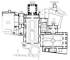 65b. Alhambra (Plan)
Location: Granada, Spain
Date: 1353-1391 C.E.
Period/Style: Nasrid Dynasty
Medium/Material: Whitewashed adobe stucco, wood, tile, paint, and gilding
Form: Different parts of the complex are connected by paths, gardens and gates, but each part of the complex could be blocked in the event of a threat. Structures with their highly ornate interior spaces and patios contrast with the plain walls of the fortress exterior.
Function:
Content: 730 meters of walls and thirty towers of varying size enclose this city within a city; Access restricted to four main gates; 26 acres include structures with three purposes: residence for the ruler and close family, citadel (Alcazaba)—barracks for the elite guard who was responsible for the safety of the complex, and an area called medina (or city), near the Puerta del Vino (Wine Gate), where court officials lived and worked. 65b. Alhambra (Plan)
Location: Granada, Spain
Date: 1353-1391 C.E.
Period/Style: Nasrid Dynasty
Medium/Material: Whitewashed adobe stucco, wood, tile, paint, and gilding
Form: Different parts of the complex are connected by paths, gardens and gates, but each part of the complex could be blocked in the event of a threat. Structures with their highly ornate interior spaces and patios contrast with the plain walls of the fortress exterior.
Function:
Content: 730 meters of walls and thirty towers of varying size enclose this city within a city; Access restricted to four main gates; 26 acres include structures with three purposes: residence for the ruler and close family, citadel (Alcazaba)—barracks for the elite guard who was responsible for the safety of the complex, and an area called medina (or city), near the Puerta del Vino (Wine Gate), where court officials lived and worked.