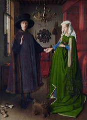 68. The Arnolfini Portrait
Artist: Jan van Eyck
Date: 1434 C.E.
Period/Style: Northern European Renaissance
Medium/Material: Oil on wood
Theme(s): wedding, memorial, betrothal, business
Form: Wife holds dress up to symbolize childbirth, but is not pregnant; statue of St. Margaret (patron of childbirth) seen on bedpost
Function: to depict Mr. and Mrs. Arnolfini's wedding, death memorial, betrothal, or business work
Content: one candle burning on Mr's side, none on Mrs's; shoes are cast off to indicate holy ground; dog (symbolizes fidelity); witnesses seen in mirror ( 68. The Arnolfini Portrait
Artist: Jan van Eyck
Date: 1434 C.E.
Period/Style: Northern European Renaissance
Medium/Material: Oil on wood
Theme(s): wedding, memorial, betrothal, business
Form: Wife holds dress up to symbolize childbirth, but is not pregnant; statue of St. Margaret (patron of childbirth) seen on bedpost
Function: to depict Mr. and Mrs. Arnolfini's wedding, death memorial, betrothal, or business work
Content: one candle burning on Mr's side, none on Mrs's; shoes are cast off to indicate holy ground; dog (symbolizes fidelity); witnesses seen in mirror (