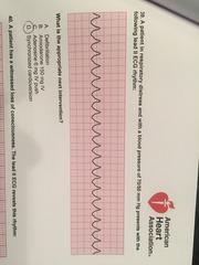 A patient in respiratory distress and with a blood pressure of 70/50 mm Hg presents with the following lead II ECG rhythm:
What is the appropriate next intervention? A patient in respiratory distress and with a blood pressure of 70/50 mm Hg presents with the following lead II ECG rhythm:
What is the appropriate next intervention?
