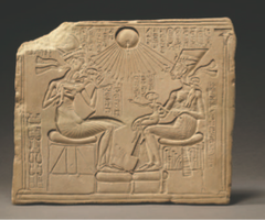 Akhenaton, Nefertiti, and 3 daughters
New Kingdom 1353-1335 B.C.E.
Limestone
Placed in a private, domestic environment for worship
Akenaton holds his oldest daughter ready to be kissed
Nefertiti holds daughter with another daughter on shoulder
State religion changed to honor one god Aton, symbolized by sun-disk with cobra
Composite view of body, hips in profile while shoulders frontal
Anatomy of figures very stylized and elongated, different from past forms of figures
Rays of light have ankhs at the end the Egyptian symbol of life, and they point at the figures Akhenaton, Nefertiti, and 3 daughters
New Kingdom 1353-1335 B.C.E.
Limestone
Placed in a private, domestic environment for worship
Akenaton holds his oldest daughter ready to be kissed
Nefertiti holds daughter with another daughter on shoulder
State religion changed to honor one god Aton, symbolized by sun-disk with cobra
Composite view of body, hips in profile while shoulders frontal
Anatomy of figures very stylized and elongated, different from past forms of figures
Rays of light have ankhs at the end the Egyptian symbol of life, and they point at the figures