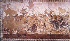 Alexander Mosaic from the House of Faun, Pompeii
Republican Roman. c. 100 B.C.E. Mosaic
The artistic importance of this work of art comes at the subtle and unique artistic style that the artist employed in the making of the mosaic. The first major attribute of this great piece of artwork is the use of motion and intensity in the battle and the use of drama unfolding before the viewer's eyes to further the effect of glory in the mosaic. Alexander Mosaic from the House of Faun, Pompeii
Republican Roman. c. 100 B.C.E. Mosaic
The artistic importance of this work of art comes at the subtle and unique artistic style that the artist employed in the making of the mosaic. The first major attribute of this great piece of artwork is the use of motion and intensity in the battle and the use of drama unfolding before the viewer's eyes to further the effect of glory in the mosaic.