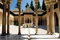 Alhambra
Granada, Spain. Nasrid Dynasty. 1354-1391 C.E. Whitewashed adobe stucco, wood, tile, paint, and gilding
The Alhambra's architecture shares many characteristics, but is singular in the way it complicates the relationship between interior and exterior. Its buildings feature shaded patios and covered walkways that pass from well-lit interior spaces onto shaded courtyards and sun-filled gardens all enlivened by the reflection of water and intricately carved stucco decoration. Alhambra
Granada, Spain. Nasrid Dynasty. 1354-1391 C.E. Whitewashed adobe stucco, wood, tile, paint, and gilding
The Alhambra's architecture shares many characteristics, but is singular in the way it complicates the relationship between interior and exterior. Its buildings feature shaded patios and covered walkways that pass from well-lit interior spaces onto shaded courtyards and sun-filled gardens all enlivened by the reflection of water and intricately carved stucco decoration.