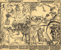 Allegory of Law and Grace
Lucas Cranach the Elder, 1530, Woodcut
Done as propaganda for the Protestant Reformation done in contact with Martin Luther
Shows Luther ideal that one achieves salvation through gods grace
Left: Last Judgment
Moses holds the Ten Commandments
Ten Commandments present represent the old law (Catholicism)
Law of Moses is not enough to live a good life
Skeleton chases a figure into hell
Right: Figure bathed in Christs blood
Shows that faith alone is all one needs to achieve salvation Allegory of Law and Grace
Lucas Cranach the Elder, 1530, Woodcut
Done as propaganda for the Protestant Reformation done in contact with Martin Luther
Shows Luther ideal that one achieves salvation through gods grace
Left: Last Judgment
Moses holds the Ten Commandments
Ten Commandments present represent the old law (Catholicism)
Law of Moses is not enough to live a good life
Skeleton chases a figure into hell
Right: Figure bathed in Christs blood
Shows that faith alone is all one needs to achieve salvation