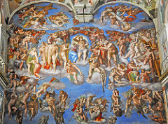 Altar Fresco, Last Judgement
Michelangelo, Vatican City, Italy,Altar frescoes, 1536-1541
Unlike the ceiling this is one large open space undivided, without cornices
Mannerist influence present with elongation/distortions of figures, and crowded groups
4 bands include:
Bottom- Dead rising from the mouth of hell
2- Ascending elect, descending sinners, trumpeting angels
3- Ones rising to heaven surround Jesus
Top- Angels carry the Cross and column used for Christs death
Christ is in the center in a complex pose defiantly gesturing with his right hand
Spiraling compostion goes against the high renaissance period and reflects the disunity of the Christian community caused by the reformation Altar Fresco, Last Judgement
Michelangelo, Vatican City, Italy,Altar frescoes, 1536-1541
Unlike the ceiling this is one large open space undivided, without cornices
Mannerist influence present with elongation/distortions of figures, and crowded groups
4 bands include:
Bottom- Dead rising from the mouth of hell
2- Ascending elect, descending sinners, trumpeting angels
3- Ones rising to heaven surround Jesus
Top- Angels carry the Cross and column used for Christs death
Christ is in the center in a complex pose defiantly gesturing with his right hand
Spiraling compostion goes against the high renaissance period and reflects the disunity of the Christian community caused by the reformation