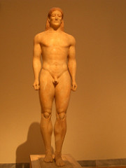 Anavysos Kouros
Archaic Greek. c. 530 B.C.E. Marble with remnants of paint
Geometric almost abstract forms predominate, and complex anatomical details, such as the chest muscles and pelvic arch, are rendered in beautiful analogous patterns. It exemplifies two important aspects of Archaic Greek art—an interest in lifelike vitality and a concern with design. Anavysos Kouros
Archaic Greek. c. 530 B.C.E. Marble with remnants of paint
Geometric almost abstract forms predominate, and complex anatomical details, such as the chest muscles and pelvic arch, are rendered in beautiful analogous patterns. It exemplifies two important aspects of Archaic Greek art—an interest in lifelike vitality and a concern with design.