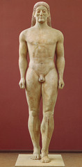 Anavysos Kouros
Archain Greek 530 B.C.E.
Marble with remnants of paint
Used as a grave marker, replacing vases used in the earlier geometric period
Has traditional pose of such figures similar to Egyptian sculpture with left foot slightly proceeding
More naturalistic representation of the figure, parts of body flow smoothly into each other
Still has rigidity present in his stance
Traditional knotted, braided hair that falls neatly on the figures back
Arms and legs are separated b/w body with a space unlike Egyptian where it was one solid block
Archaic smile used common to sculpture of this period
Movement towards the greek ideal of a muscular body with perfect symmetrical anatomical features, but isnt there yet
Slight musculature present Anavysos Kouros
Archain Greek 530 B.C.E.
Marble with remnants of paint
Used as a grave marker, replacing vases used in the earlier geometric period
Has traditional pose of such figures similar to Egyptian sculpture with left foot slightly proceeding
More naturalistic representation of the figure, parts of body flow smoothly into each other
Still has rigidity present in his stance
Traditional knotted, braided hair that falls neatly on the figures back
Arms and legs are separated b/w body with a space unlike Egyptian where it was one solid block
Archaic smile used common to sculpture of this period
Movement towards the greek ideal of a muscular body with perfect symmetrical anatomical features, but isnt there yet
Slight musculature present