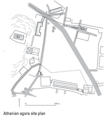 Athenian Agora Plan
Archaic to Hellenistic Greek
600 B.C.E.-150 C.E.
Most important public space in all of Athens, heart of Athenian democracy
Plaza at the base of the Acropolis containing buildings that contained commercial, civic, religious, and social buildings, and ceremonies took place here
Setting for Panathenaic festival, festival honoring Athena
Panathenaic Way cuts through the plaza on its way up to the Acropolis
Structures such as a bouleuterion (house for council), and temples surround the plaza
Large stoa (peristyle court) where much of the commercial and civil roles of the people were performed Athenian Agora Plan
Archaic to Hellenistic Greek
600 B.C.E.-150 C.E.
Most important public space in all of Athens, heart of Athenian democracy
Plaza at the base of the Acropolis containing buildings that contained commercial, civic, religious, and social buildings, and ceremonies took place here
Setting for Panathenaic festival, festival honoring Athena
Panathenaic Way cuts through the plaza on its way up to the Acropolis
Structures such as a bouleuterion (house for council), and temples surround the plaza
Large stoa (peristyle court) where much of the commercial and civil roles of the people were performed