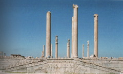 Audience Hall of Darius and Xerxes
Persepolis, Iran. Persian. c. 520-465 B.C.E. Limestone
It was the largest building of the complex, supported by numerous columns and lined on three sides with open porches. The palace had a grand hall in the shape of a square, each side 60m long with seventy-two columns, thirteen of which still stand on the enormous platform. Relief artwork, originally painted and sometimes gilded, covered the walls of the Apadana depicting warriors defending the palace complex. Audience Hall of Darius and Xerxes
Persepolis, Iran. Persian. c. 520-465 B.C.E. Limestone
It was the largest building of the complex, supported by numerous columns and lined on three sides with open porches. The palace had a grand hall in the shape of a square, each side 60m long with seventy-two columns, thirteen of which still stand on the enormous platform. Relief artwork, originally painted and sometimes gilded, covered the walls of the Apadana depicting warriors defending the palace complex.