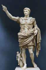 Augustus of Prima Porta
Imperial Roman. Early first century C.E. Marble
This statue is not simply a portrait of the emperor, it expresses Augustus' connection to the past, his role as a military victor, his connection to the gods, and his role as the bringer of the Roman Peace. Augustus of Prima Porta
Imperial Roman. Early first century C.E. Marble
This statue is not simply a portrait of the emperor, it expresses Augustus' connection to the past, his role as a military victor, his connection to the gods, and his role as the bringer of the Roman Peace.
