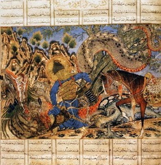 Bahram Gur Fights the Karg, folio from the Great Il-Khanid Shahnama
Islamic; Persian, Il'Khanid. c. 1330-1340 C.E. Ink and opaque watercolor, gold, and silver on paper
This folio is from a celebrated copy of the text known as the Great Ilkhanid Shahnama, one of the most complex masterpieces of Persian art. Because of its lavish production, it is assumed to have been commissioned by a high-ranking member of the Ilkhanid court and produced at the court scriptorium. The fifty-seven surviving illustrations reflect the intense interest in historical chronicles and the experimental approach to painting of the Ilkhanid period (1256-1335). The eclectic paintings reveal the cosmopolitanism of the Ilkhanid court in Tabriz, which teemed with merchants, missionaries, and diplomats from as far away as Europe and China. Here the Iranian king Bahram Gur wears a robe made of European fabric to slay a fearsome horned wolf in a setting marked by the conventions of Chinese landscape painting. Bahram Gur Fights the Karg, folio from the Great Il-Khanid Shahnama
Islamic; Persian, Il'Khanid. c. 1330-1340 C.E. Ink and opaque watercolor, gold, and silver on paper
This folio is from a celebrated copy of the text known as the Great Ilkhanid Shahnama, one of the most complex masterpieces of Persian art. Because of its lavish production, it is assumed to have been commissioned by a high-ranking member of the Ilkhanid court and produced at the court scriptorium. The fifty-seven surviving illustrations reflect the intense interest in historical chronicles and the experimental approach to painting of the Ilkhanid period (1256-1335). The eclectic paintings reveal the cosmopolitanism of the Ilkhanid court in Tabriz, which teemed with merchants, missionaries, and diplomats from as far away as Europe and China. Here the Iranian king Bahram Gur wears a robe made of European fabric to slay a fearsome horned wolf in a setting marked by the conventions of Chinese landscape painting.
