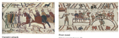 Bayeux Tapestry
Romanesque, English/Norman, 1066-1080, Embroidery on linen
Not actually a tapestry, its a embroidery
Commisioned by Bishop Odo, half brother of William the Conqueror
Tells story of William's conquest of England at Battle of Hastings in 1066
Probably designed by a man, executed by a woman of the court
Imaginative creatures on both the upper and lower registers
Borders used to comment on main scens or show scenes of everyday life
Color used in a non-natural manner, different parts of horse are colored variously
Neutral background
Flatness of figures, no shadowing
Influence of Column of Trajan similarly showing how Trajan conquered the Dacians
75 scenes with over 600 people
230 feeet long, continues tradition of narrative in medieval art Bayeux Tapestry
Romanesque, English/Norman, 1066-1080, Embroidery on linen
Not actually a tapestry, its a embroidery
Commisioned by Bishop Odo, half brother of William the Conqueror
Tells story of William's conquest of England at Battle of Hastings in 1066
Probably designed by a man, executed by a woman of the court
Imaginative creatures on both the upper and lower registers
Borders used to comment on main scens or show scenes of everyday life
Color used in a non-natural manner, different parts of horse are colored variously
Neutral background
Flatness of figures, no shadowing
Influence of Column of Trajan similarly showing how Trajan conquered the Dacians
75 scenes with over 600 people
230 feeet long, continues tradition of narrative in medieval art