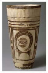 Beaker with Ibex motifs
Susa Iran, 4200-3500 B.C.E
Painted terra cotta
Found near burial site, one of first ceramic pieces
Use of potters wheel and thin design was result of it
Stylized aquatic birds at top, stylized dogs below, central ibex portrayed
Ibex has oversized horns that give it an abstract quality
Middle has clan symbol of family ownership showing that the deceased belonged to a certain family
Geometric, linear, and curved forms balance each other Beaker with Ibex motifs
Susa Iran, 4200-3500 B.C.E
Painted terra cotta
Found near burial site, one of first ceramic pieces
Use of potters wheel and thin design was result of it
Stylized aquatic birds at top, stylized dogs below, central ibex portrayed
Ibex has oversized horns that give it an abstract quality
Middle has clan symbol of family ownership showing that the deceased belonged to a certain family
Geometric, linear, and curved forms balance each other
