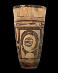 Beaker with ibex motifs
Susan, Iran. 4200-3500 B.C.E. Painted terra cotta.
One of the first ceramic pieces, made from clay and intricately designed with mineral and plant paint in painstaking detail. The vessel portrays a Ibex, a type of goat native to the area, and also canine figures along the rim. At the time, dogs were used to hunt animals like Ibexes. The painting might have been done with small brushes made from plant material or human or animal hair Beaker with ibex motifs
Susan, Iran. 4200-3500 B.C.E. Painted terra cotta.
One of the first ceramic pieces, made from clay and intricately designed with mineral and plant paint in painstaking detail. The vessel portrays a Ibex, a type of goat native to the area, and also canine figures along the rim. At the time, dogs were used to hunt animals like Ibexes. The painting might have been done with small brushes made from plant material or human or animal hair
