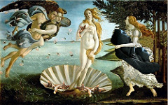 Birth of Venus
Sandro Brotticelli. c. 1484-1486 C.E. Tempera on canvas
Botticelli broke new ground with his works, including the Birth of Venus. He was the first to create large scale mythology scenes, some based on historical accounts. In the era that Birth of Venus was painted, minds were open to new ideas and religion no longer needed to be the main subject of artistic work. If such mythological pieces had been painted 100 years earlier, they would not have been accepted by the church because they were so different to traditional depictions. Birth of Venus
Sandro Brotticelli. c. 1484-1486 C.E. Tempera on canvas
Botticelli broke new ground with his works, including the Birth of Venus. He was the first to create large scale mythology scenes, some based on historical accounts. In the era that Birth of Venus was painted, minds were open to new ideas and religion no longer needed to be the main subject of artistic work. If such mythological pieces had been painted 100 years earlier, they would not have been accepted by the church because they were so different to traditional depictions.