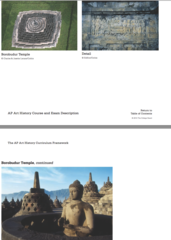 Borobudur Temple
Central Java, Indonesia, Saliendra Dynasty, 750-842 C.E., Stone masonry
Massive buddhist monument containing 504 life size buddhas, 1460 relief sculptures, 1300 panels, 8200 ft long, 1500 stupas and 1 million carved blocks of stone
Iconographically complex and intricate, many levels a meaning, reflects Buddhist cosmology
Meant to walked around on each terrace, 6 square terraces with 3 circular tiers with a great stupa at summit
Pyramidial form aligned with the 4 cardinal points
Lower stories represent desire /negative influeneces
Middle areas represent world of forms and control of negative influences
Top is world of forumlas where physical world and desire are left behind
place of pilgrimage
rubble faced with carved volcanic rock,
Detail is a densely packed scene, horror vacui
Queen is majestic and at rest before giving birth to Siddhartha Gautama, the Buddha
brought to the city in a great ceremonial procession
Three umbrellas at top represent the sacred tree where buddha achieved enlightenment; also Buddha, Buddhas Law and buddhist community Borobudur Temple
Central Java, Indonesia, Saliendra Dynasty, 750-842 C.E., Stone masonry
Massive buddhist monument containing 504 life size buddhas, 1460 relief sculptures, 1300 panels, 8200 ft long, 1500 stupas and 1 million carved blocks of stone
Iconographically complex and intricate, many levels a meaning, reflects Buddhist cosmology
Meant to walked around on each terrace, 6 square terraces with 3 circular tiers with a great stupa at summit
Pyramidial form aligned with the 4 cardinal points
Lower stories represent desire /negative influeneces
Middle areas represent world of forms and control of negative influences
Top is world of forumlas where physical world and desire are left behind
place of pilgrimage
rubble faced with carved volcanic rock,
Detail is a densely packed scene, horror vacui
Queen is majestic and at rest before giving birth to Siddhartha Gautama, the Buddha
brought to the city in a great ceremonial procession
Three umbrellas at top represent the sacred tree where buddha achieved enlightenment; also Buddha, Buddhas Law and buddhist community