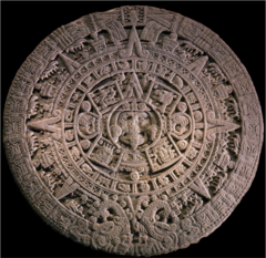 Calendar Stone
Basalt
Circular shape reflects the cyclic nature of time
palce where rituals took place on certain days
Aztecs felt they needed to feed the sun god human hearts/blood regularly
Tonge in center of stone coming from gods mouth used as sacrificial flint knife used to slash open enemies
Used as an altar to murder victims, then thrown down steps to Coyolxauhqui Calendar Stone
Basalt
Circular shape reflects the cyclic nature of time
palce where rituals took place on certain days
Aztecs felt they needed to feed the sun god human hearts/blood regularly
Tonge in center of stone coming from gods mouth used as sacrificial flint knife used to slash open enemies
Used as an altar to murder victims, then thrown down steps to Coyolxauhqui