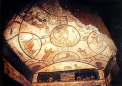 Catacomb of Prsicilla. Early Europe and Colonial Americas. Rome, Italy. Late Antique Europe. c. 200-400CE. Excavated tufa and fresco
Form: tufa, bodies:covered in shroud, rooms cubiculum
Function: lots of people buried here, frescos for the dead and living
Content: depiction of miracles, four seasons, symmetrical between earth and heaven, first images of madonna and child, god looking over dead and living
Context: priscilla donated land, Constantine leaglizes Christianity, seperate from paganism Catacomb of Prsicilla. Early Europe and Colonial Americas. Rome, Italy. Late Antique Europe. c. 200-400CE. Excavated tufa and fresco
Form: tufa, bodies:covered in shroud, rooms cubiculum
Function: lots of people buried here, frescos for the dead and living
Content: depiction of miracles, four seasons, symmetrical between earth and heaven, first images of madonna and child, god looking over dead and living
Context: priscilla donated land, Constantine leaglizes Christianity, seperate from paganism