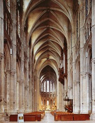 Chartres Cathedral Interior
High Gothic Style after the fire of 1194 burned it down
Nave Arcade
Triforium (small banded arcade)
Clerestory (Large stained glass lancets allow lots of light on to the nave)
Sexpartite rib vaults, new innovation of gothic allow for the clerestory, put all weight on the composite piers and flying butresses over the aisles
Pointed arches futher opened the nave and allowed it to be taller
Large chevet for elaborate ceremonies
Large rose window allows for even more light Chartres Cathedral Interior
High Gothic Style after the fire of 1194 burned it down
Nave Arcade
Triforium (small banded arcade)
Clerestory (Large stained glass lancets allow lots of light on to the nave)
Sexpartite rib vaults, new innovation of gothic allow for the clerestory, put all weight on the composite piers and flying butresses over the aisles
Pointed arches futher opened the nave and allowed it to be taller
Large chevet for elaborate ceremonies
Large rose window allows for even more light