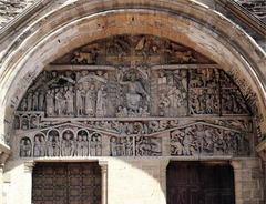 Church of Sainte Foy The Last Judgement
Largest Romanesque tympanum
Christ as a strict judge, dividing the world between those going to heaven verss those going to hell
Christs welcoming right hand, cast down left hand
Dividing line runs vertically through the cross in the middle of the composition
Archangel Michael and devil at christs feet, weighing the souls
Hell with damned on right, saved on left, people enter the church on the right and exit saved on the left
Subject of typanum reminds pilgrims of the whole point behind their pilgrimage (salvation)
124 figures richly painted, densely packed together
Saved move towards Christ, Mary/ St. Peter in the lead
Paradise on lower left portrayed as heavenly Jerusalem
In left triangle, arches of Conques Abbey with dangling chaines
Sainte Foy interceded for those enslaved by Muslims in Spain, she appears keeling before a giant hand of Christ
Right lower level, devil presides over a chaotic tangle of tortured condemned sinners Church of Sainte Foy The Last Judgement
Largest Romanesque tympanum
Christ as a strict judge, dividing the world between those going to heaven verss those going to hell
Christs welcoming right hand, cast down left hand
Dividing line runs vertically through the cross in the middle of the composition
Archangel Michael and devil at christs feet, weighing the souls
Hell with damned on right, saved on left, people enter the church on the right and exit saved on the left
Subject of typanum reminds pilgrims of the whole point behind their pilgrimage (salvation)
124 figures richly painted, densely packed together
Saved move towards Christ, Mary/ St. Peter in the lead
Paradise on lower left portrayed as heavenly Jerusalem
In left triangle, arches of Conques Abbey with dangling chaines
Sainte Foy interceded for those enslaved by Muslims in Spain, she appears keeling before a giant hand of Christ
Right lower level, devil presides over a chaotic tangle of tortured condemned sinners