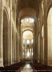 Church of Sainte Foy
Conques, France, Romanesque, 1050-1130, stone
Church built along the pilgrimage site to the Santiago de Compostela
Church built to handle large number of people coming to view the relics housed there, has wide transept, large ambulatory and many radiating chapels
Massive heavy unornamented interior walls
No clerestory as barrel vaults were too heavy and required too much butressing so no room, but light provided by windows over side aisles and galleries
Barrel vaults fill the nave, reinforced by various transverse arches
Cross like ground plan Church of Sainte Foy
Conques, France, Romanesque, 1050-1130, stone
Church built along the pilgrimage site to the Santiago de Compostela
Church built to handle large number of people coming to view the relics housed there, has wide transept, large ambulatory and many radiating chapels
Massive heavy unornamented interior walls
No clerestory as barrel vaults were too heavy and required too much butressing so no room, but light provided by windows over side aisles and galleries
Barrel vaults fill the nave, reinforced by various transverse arches
Cross like ground plan
