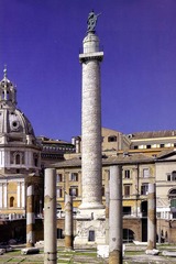 Column of Trajan
113 C.E.
Marble
Base serves as burial chamber for Trajan
Stood in the Forum of Trajan
128 ft high, 625 ft. narrative cycle wrapping the column showing Trajans victory over the Dacians
150 episodes, continuous narrative as figures displayed multiple times in different parts of their life within the same pictorial space
Nude statue topped the column as an ultimate symbol of is power and triumph
Two libraries flanked the column, with the Basilica Ulpia behind it Column of Trajan
113 C.E.
Marble
Base serves as burial chamber for Trajan
Stood in the Forum of Trajan
128 ft high, 625 ft. narrative cycle wrapping the column showing Trajans victory over the Dacians
150 episodes, continuous narrative as figures displayed multiple times in different parts of their life within the same pictorial space
Nude statue topped the column as an ultimate symbol of is power and triumph
Two libraries flanked the column, with the Basilica Ulpia behind it