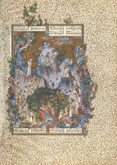 Court of Gayumars , foli from Shanama
Sultan Muhammad, 1522-1525, ink/opaque watercolor, gold/silver on paper
Shanama is the Book of Kings, a Persian epic poem by Firdawsi telling the ancient history of Perisa
Whole book has 258 illustrated pages
This page shows the first king, Gayumars, enthroned before his community
Left shows son Siyamak, Right shows grandson Hushang
Court appears in semicircle below, wearing court attire (leopard skins)
Harmony between man and landscape
Minute details presents but dont overcrowd the scene
Animals became tame upon the kings presence Court of Gayumars , foli from Shanama
Sultan Muhammad, 1522-1525, ink/opaque watercolor, gold/silver on paper
Shanama is the Book of Kings, a Persian epic poem by Firdawsi telling the ancient history of Perisa
Whole book has 258 illustrated pages
This page shows the first king, Gayumars, enthroned before his community
Left shows son Siyamak, Right shows grandson Hushang
Court appears in semicircle below, wearing court attire (leopard skins)
Harmony between man and landscape
Minute details presents but dont overcrowd the scene
Animals became tame upon the kings presence