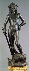 David
Donatello, Bronze, 1440-1460
First free standing nude sculpture since classical antiquity
Return to the love of the body and bodily features
Exaggerated contrapposto shown giving dynamism and life size work probably for the Medici
Young david with androgynous erotic features
Looks down suggesting humility and no confidence in himself
Head of Goliath at his feet
Laurel on hat shows he was a poet
Shows Florentine dominance over Milan in a recent war David
Donatello, Bronze, 1440-1460
First free standing nude sculpture since classical antiquity
Return to the love of the body and bodily features
Exaggerated contrapposto shown giving dynamism and life size work probably for the Medici
Young david with androgynous erotic features
Looks down suggesting humility and no confidence in himself
Head of Goliath at his feet
Laurel on hat shows he was a poet
Shows Florentine dominance over Milan in a recent war