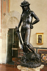 David
Donatello. c. 1440-1460 C.E. Bronze
Nearly everything about the statue - from the material from which it was sculpted to the subject's David
Donatello. c. 1440-1460 C.E. Bronze
Nearly everything about the statue - from the material from which it was sculpted to the subject's