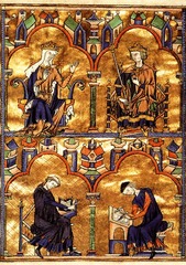 Dedication Page with Blanche of Castle and King Louis IX of France, Scenes from the Apocolypse from Bibles moralisées.
Gothic Europe. c. 1225-1245 C.E. Illuminated manuscript
This 13th century illumination, both dazzling and edifying, represents the cutting edge of lavishness in a society that embraced conspicuous consumption. As a pedagogical tool, perhaps it played no small part in helping Louis IX achieve the status of sainthood, awarded by Pope Bonifiace VIII 27 years after the king's death. Dedication Page with Blanche of Castle and King Louis IX of France, Scenes from the Apocolypse from Bibles moralisées.
Gothic Europe. c. 1225-1245 C.E. Illuminated manuscript
This 13th century illumination, both dazzling and edifying, represents the cutting edge of lavishness in a society that embraced conspicuous consumption. As a pedagogical tool, perhaps it played no small part in helping Louis IX achieve the status of sainthood, awarded by Pope Bonifiace VIII 27 years after the king's death.