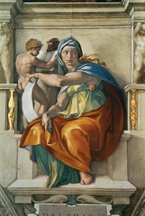 Delphic Sibyl
Michelangelo, Vatican City, Italy, Ceiling frescoes 1508-1512, Altar frescoes, 1536-1541
One of the five sibyls (prophetess) on the ceiling
She is a Greco-Roman figure whom Christians felt foretold the coming of Jesus Christ
Wears a Greek style turban
Turns head as if listening to something
Expression seems sorrowful
Contrapposto of body present despite being seated, dynamism as if she is about to get up
Holds the scroll containing her prophecy
Combo of Christian beliefs and pagan mythological imagery Delphic Sibyl
Michelangelo, Vatican City, Italy, Ceiling frescoes 1508-1512, Altar frescoes, 1536-1541
One of the five sibyls (prophetess) on the ceiling
She is a Greco-Roman figure whom Christians felt foretold the coming of Jesus Christ
Wears a Greek style turban
Turns head as if listening to something
Expression seems sorrowful
Contrapposto of body present despite being seated, dynamism as if she is about to get up
Holds the scroll containing her prophecy
Combo of Christian beliefs and pagan mythological imagery