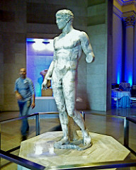 Doryphoros
Polykleitos. Original 450-440 B.C.E. Roman copy (marble) of Greek original (bronze)
Doryphoros was one of the most famous statues in the ancient world and many known Roman copies exist. The original was created in around 450 BC in bronze and was presumably even more tremendous than the known copies that have been unearthed. Doryphoros is also an early example of contrapposto position, a postion which Polykleitos constructed masterfully (Moon). Doryphoros
Polykleitos. Original 450-440 B.C.E. Roman copy (marble) of Greek original (bronze)
Doryphoros was one of the most famous statues in the ancient world and many known Roman copies exist. The original was created in around 450 BC in bronze and was presumably even more tremendous than the known copies that have been unearthed. Doryphoros is also an early example of contrapposto position, a postion which Polykleitos constructed masterfully (Moon).