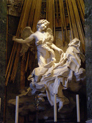 Ecstasy of Saint Teresa
Cornaro Chapel, Church of Santa Maria della Vittoria Rome, Italy. Gian Lorenzo Bernini. c. 1647-1652 C.E. Marble (sculpture); stucco and gilt bronze (chapel)
Bernini used the erotic character of the experience as a springboard to a new and higher type of spiritual awakening. It is one of the most important examples of the Counter-Reformation style of Baroque sculpture, designed to convey spiritual aspects of the Catholic faith. Ecstasy of Saint Teresa
Cornaro Chapel, Church of Santa Maria della Vittoria Rome, Italy. Gian Lorenzo Bernini. c. 1647-1652 C.E. Marble (sculpture); stucco and gilt bronze (chapel)
Bernini used the erotic character of the experience as a springboard to a new and higher type of spiritual awakening. It is one of the most important examples of the Counter-Reformation style of Baroque sculpture, designed to convey spiritual aspects of the Catholic faith.