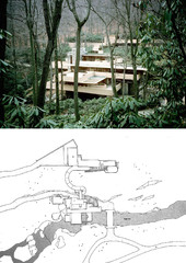 Falling water plan
Frank Lloyd Wright, Pennsylvania,1936-1939, Reinforced concrete, sandstone, steel, glass
Natural Architecture
Cantelevered porches extend over waterfall
Archiecture in harmony with site
Horizontallity stressed showing influence from his previous prarie houses
Living room has glass curtarin wall around 3 of the 4 sides
Floor of living room made with stone from the area
Fireplace is in the center of the house with a outcropping of natural stones around it
Suppression of space devoted to hanging a painting
Effort to have architecture dominate
Irregular and complex design Falling water plan
Frank Lloyd Wright, Pennsylvania,1936-1939, Reinforced concrete, sandstone, steel, glass
Natural Architecture
Cantelevered porches extend over waterfall
Archiecture in harmony with site
Horizontallity stressed showing influence from his previous prarie houses
Living room has glass curtarin wall around 3 of the 4 sides
Floor of living room made with stone from the area
Fireplace is in the center of the house with a outcropping of natural stones around it
Suppression of space devoted to hanging a painting
Effort to have architecture dominate
Irregular and complex design