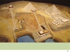 Figure 3-10 Model of the Fourth Dynasty pyramid complex, Gizeh, Egypt. Harvard University Semitic Museum, Cambridge. 1) Pyramid of Menkaure, 2) Pyramid of Khafre, 3) mortuary temple of Khafre, 4) causeway, 5) Great Sphinx, 6) valley temple of Khafre, 7) Pyramid of Khufu, 8) pyramids of the royal family and mastabas of nobles. (Old Kingdom)