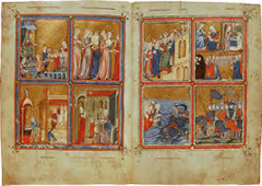 Golden Haggadah(The Plagues of Egypt, scenes of Liberation, and Preparation for Passover). Late medieval. c. 1320 CE.
Form: read top right counter clockwise(except for the passover which is read from bottom left in a clockwise manner). Illuminated manuscript on vellum. variety of pigment colors.
Function: used in Jewish households to commemorate Israelites exodus from Egypt. The passover was the night Mosses lead the people
Content: Moses initiates multiple plagues upon the Pharaoh and his kingdom. Mosses cause all livestock to die. Last plague was the death of every first born child. Pharaoh freed Jews from slavery.
Context: made near or in Barca, the use of a wealthy Jewish family. Written text on vellum pages in Hebrew script. Illustrate stories from Exodus and Genesis Golden Haggadah(The Plagues of Egypt, scenes of Liberation, and Preparation for Passover). Late medieval. c. 1320 CE.
Form: read top right counter clockwise(except for the passover which is read from bottom left in a clockwise manner). Illuminated manuscript on vellum. variety of pigment colors.
Function: used in Jewish households to commemorate Israelites exodus from Egypt. The passover was the night Mosses lead the people
Content: Moses initiates multiple plagues upon the Pharaoh and his kingdom. Mosses cause all livestock to die. Last plague was the death of every first born child. Pharaoh freed Jews from slavery.
Context: made near or in Barca, the use of a wealthy Jewish family. Written text on vellum pages in Hebrew script. Illustrate stories from Exodus and Genesis