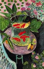 Goldfish
Henri Mattisse. 1912 C.E. Oil on canvas
This painting is an illustration of some of the major themes in Matisse's painting: his use of complimentary colors, his quest for an idyllic paradise, his appeal for contemplative relaxation for the viewer and his complex construction of pictorial space. Goldfish
Henri Mattisse. 1912 C.E. Oil on canvas
This painting is an illustration of some of the major themes in Matisse's painting: his use of complimentary colors, his quest for an idyllic paradise, his appeal for contemplative relaxation for the viewer and his complex construction of pictorial space.