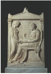 Grave Stele of Hegeso
Kallimachos, 410 B.C.E.
Marble and paint
End of classical period where funerary sculpture was revived
Serves as private grave marker
Hegeso depicted seated opening a box containing a necklace possibly her dowry
Domestic setting surrounded by pilasters and pediment
Pediment has inscription identifying her and her father
Drapery closely follows her body giving relaxed natural representation Grave Stele of Hegeso
Kallimachos, 410 B.C.E.
Marble and paint
End of classical period where funerary sculpture was revived
Serves as private grave marker
Hegeso depicted seated opening a box containing a necklace possibly her dowry
Domestic setting surrounded by pilasters and pediment
Pediment has inscription identifying her and her father
Drapery closely follows her body giving relaxed natural representation